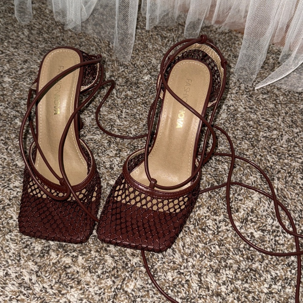 Fashion Nova Deep Red Mesh Lace-Up Heels